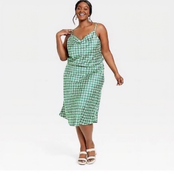 Ava & Viv Green and White Geometric Print Dress Women's Plus 1X - Picture 1 of 6